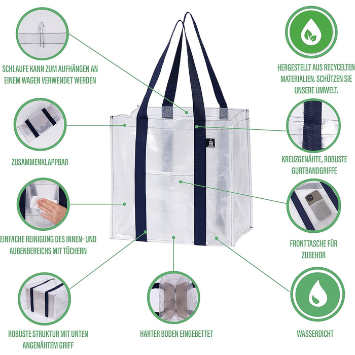 VENO 34 Liter Large Shopping Bag Foldable with Sturdy Bottom and Front Pocket, Reusable Shopping Bags Water-Resistant Tote Bag Shopping Basket for Shopping, Picnic (Transparent, 4-Pack)