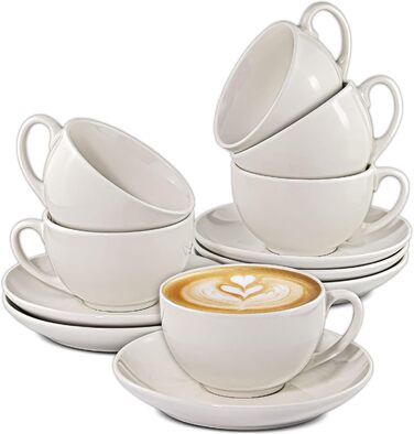 6 Ceramic Cappuccino Cups – with Saucers – 180 ml – with Gift Box – Dishwasher Safe