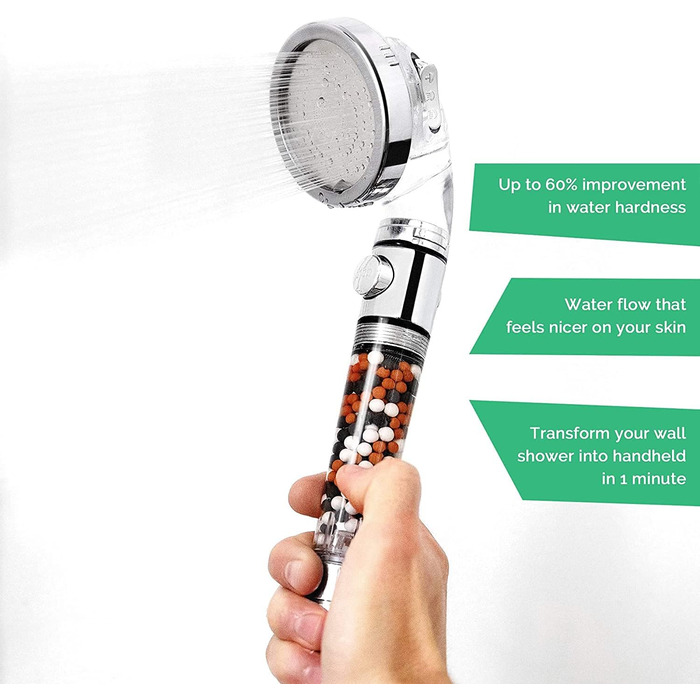 Original StoneStream Showerhead, Eco Power High-Pressure Water Softener, Filtered Handheld Shower with Spa-Like Ion Beads for Dry Skin and Hair – 3 Spray Settings
