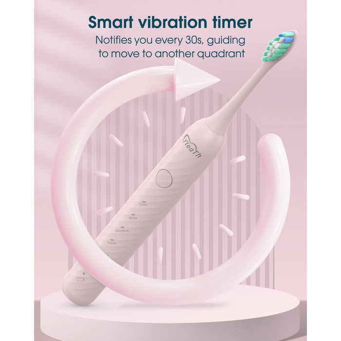 Електрична зубна щітка для дорослих з 6 насадками, акумуляторна звукова щітка, рожева (1 шт.) - тривала робота до 180 днів