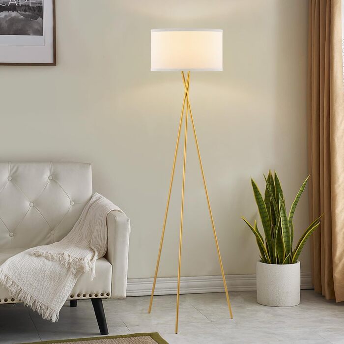 Стійка лампа Home Sweet Home в стилі ретро з триногою, золотий метал, абажур білий, E27 LED 4W, 2700K, 138 см