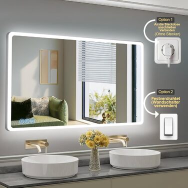 Дзеркало для ванної кімнати з підсвічуванням 100x60 см, сенсорні кнопки, IP65, 3 режими кольору, функція пам'яті, HD скло, горизонтальне/вертикальне встановлення