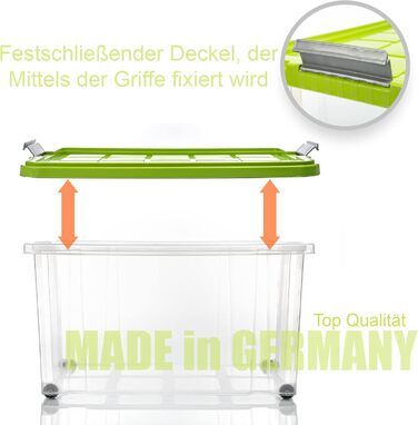 BigDean 2-Pack 60L Storage Boxes with Lid, Large Transparent - Stackable, Robust Box, BPA-Free - Rollable Stack Box with Secure Click Closures - Made in Germany (Green)