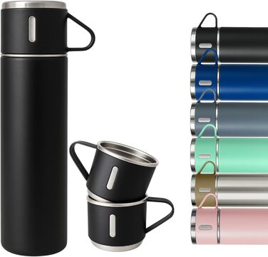 Термофляга 500 мл з нержавіючої сталі – 2 чашки з ручкою – без витоку, BPA-free – з щіткою для чищення – колір: чорний