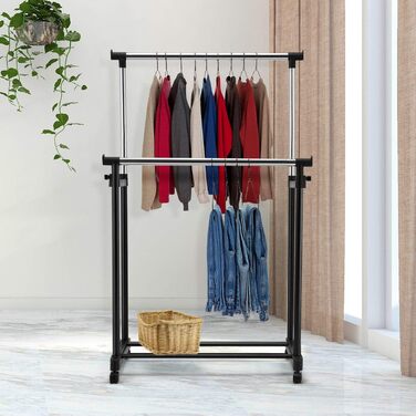 COSTWAY Clothes Rack with 2 Height-Adjustable Clothes Rods, Coat Rack on Wheels, Rolling Wardrobe, Clothes Cart, Stable Clothes Rack, 86 x 43 x 94-168cm, Black