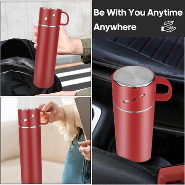 Термокухоль-термос із нержавіючої сталі 550 мл з кришкою-чашкою та ручкою, вакуумний термос 12 годин гарячим / 12 годин холодним, нековзний термос для кави в дорогу для спорту, роботи, школи, авто (червоний)