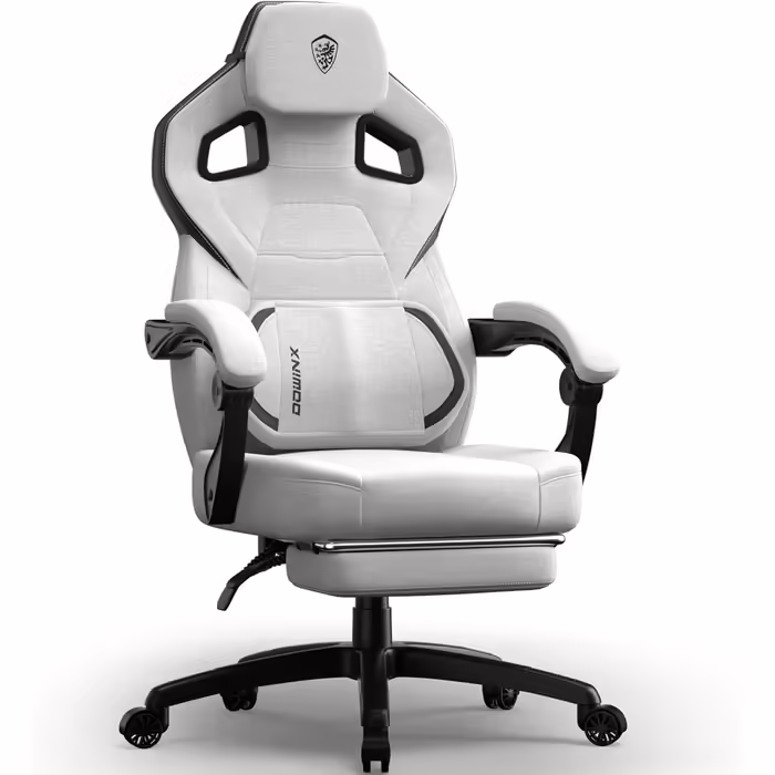 Dowinx Gaming Chair Fabric with Footrest, Large and High Gaming Chair for Heavy People, Computer/PC Gamer Chair for Adults with Massage (White Gray) Gray Fabric