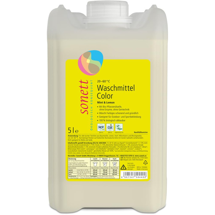 Універсальний рідкий пральний засіб Sonett Color Mint & Lemon для кольорових речей, 5 л