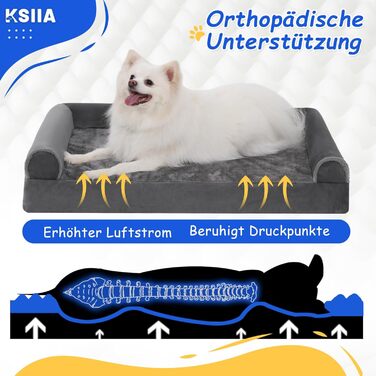 KSIIA Orthopedic Dog Bed for Large Dogs, 105x70x18cm, Removable and Washable Cover, XL Dog Couch with THREE Raised Edges, Non-Slip Bottom, Egg Crate Foam Dog Basket, (L 90 x W 57 x H 16 cm, Light Grey)