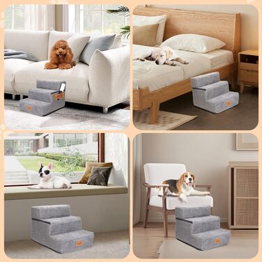 Східці для собак Nobleza: 3 сходинки для маленьких собак, котів, на ліжко, диван. З роликом для шерсті