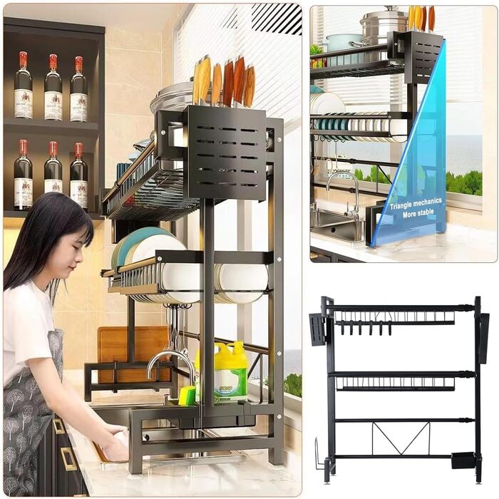Підставка для посуду Saterkali 2-ярусна велика з нержавіючої сталі для мийки та кухонного столу, телескопічна, велика місткість