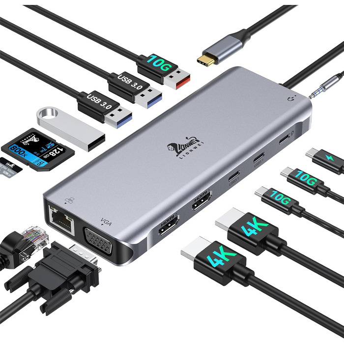 Док-станція USB C 13-в-1 для ноутбука: 2 HDMI, DisplayPort, 5 USB, Ethernet, 100W PD, SD/TF, Audio/Mic, підходить для Dell, HP, Surface