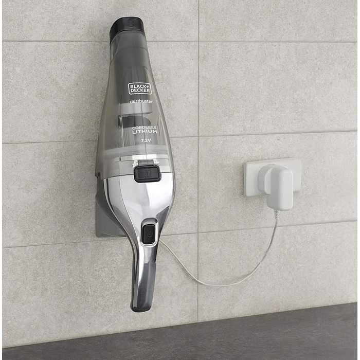 Акумуляторний пилосос ручний BLACK+DECKER Dustbuster NVC220WBC 7.2V (1.5Ah), сірий металік, 385 мл, без мішка, з насадкою для щілин та док-станцією