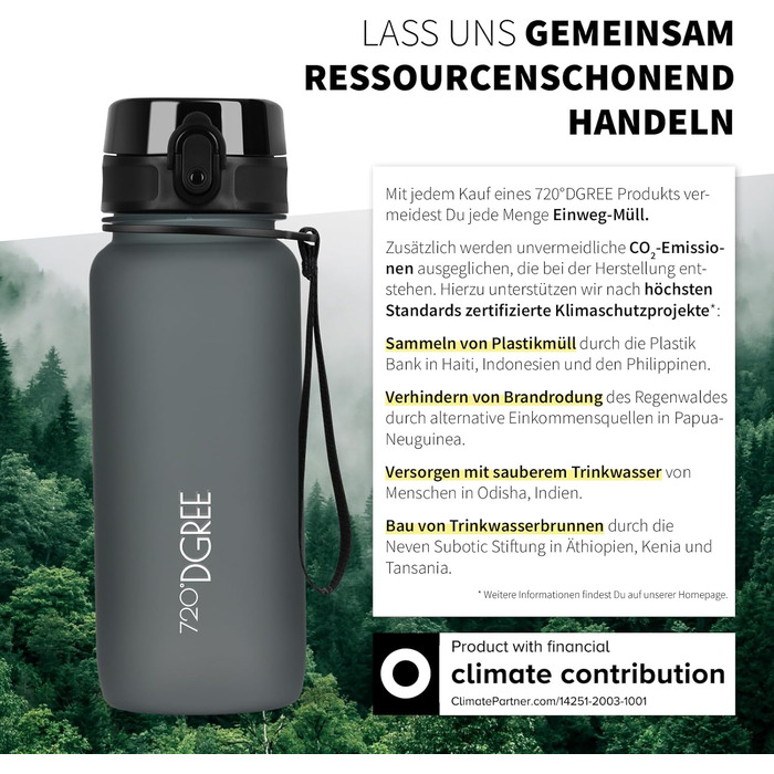 Пляшка для води 720°DGREE 'uberBottle' з ситечком, 650 мл, чорна - BPA-Free, спортивна, для фітнесу, школи, дітей, велосипеда, активного відпочинку, Tritan
