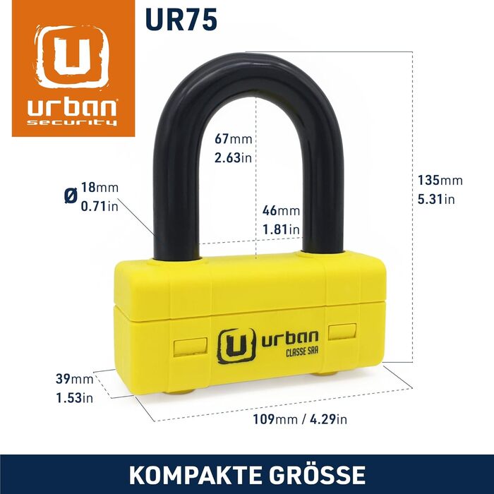 Мотоциклетний замок urban UR75 + 10.120L, дисковий, протиугінний, SRA сертифікат, міні дужковий та ланцюговий замок, Ø10 мм, 120 см, жовтий