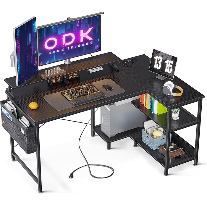Кутовий комп'ютерний стіл ODK L-подібний чорний, ігровий стіл з USB-зарядкою і розеткою, полицею для монітора, для офісу та дому, 120x80x88 см