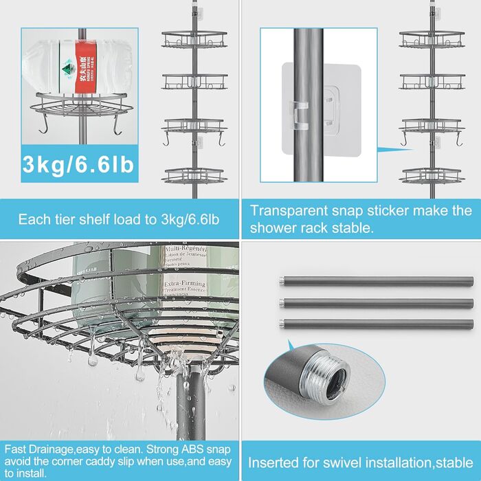 DUFU Shower Shelf Telescopic No Drilling with 4 Shower Basket Corner, Non-Slip, Stable Bathroom Shelf Made of Metal, Height Adjustable 85-325cm, Telescopic Shelf Bath Grey