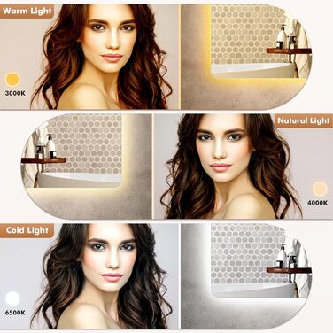 Дзеркало для ванної кімнати Viugreum з підсвічуванням 50x75 см, овальне LED дзеркало для ванної, диммування, 3 кольори світла, проти запотівання, годинник, сенсорна кнопка, дзеркало з LED підсвічуванням для ванної кімнати, вітальні (50x70 см)