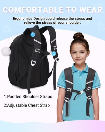 Шкільний рюкзак для дівчаток DivingBirds, 2-7 клас, 22L | Легкий дитячий рюкзак з дихаючою спинкою та м'якими лямками | З нагрудним ременем | Чорний