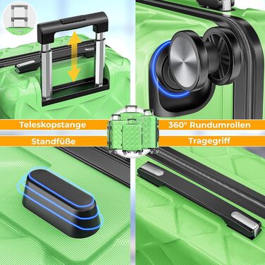 Набір валіз KESSER® 4 шт. | ABS валізи з кодовим замком, ваговою системою та органайзером для подорожей | Ручна та велика поїздка, бізнес та валіза-тележка (яблучно-зелений)