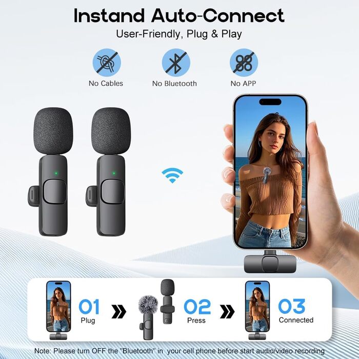 Бездротові кліп-мікрофони для iPhone/Android/комп'ютера/iPad - 2 шт. з шумозаглушенням для відеозйомки, Vlogging, TikTok, YouTube, Plug-and-Play