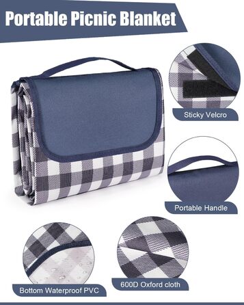 Плед для пікніка LIVEHITOP водонепроникний XXL (150x200 см) синій в клітку - для пляжу, кемпінгу, парку, BBQ