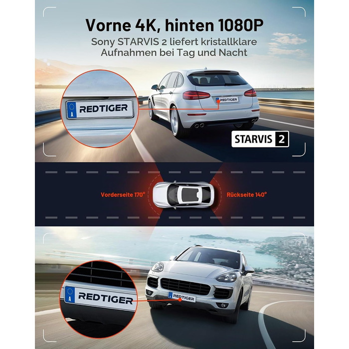 Автомобільний відеореєстратор REDTIGER 4K STARVIS 2 з передньою та задньою камерами, CPL-фільтром, 3.18