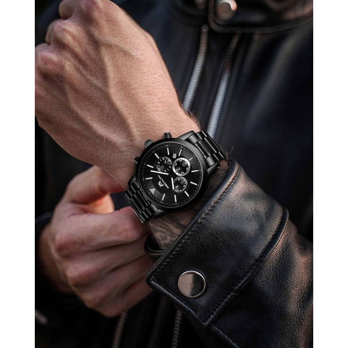 Чоловічий годинник MEGALITH з нержавіючої сталі, хронограф, велике циферблат, водостійкий, з датою, для роботи та відпочинку. Стильний подарунок для чоловіків (8345 Чорний)