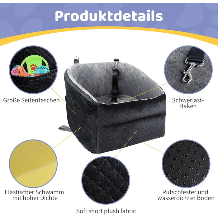 Автокрісло для собак GL GLENSLAVE: комфортне та безпечне автотранспортування маленьких собак. Знімне, миюче, з подушкою та сумкою для зберігання (чорний/сірий)