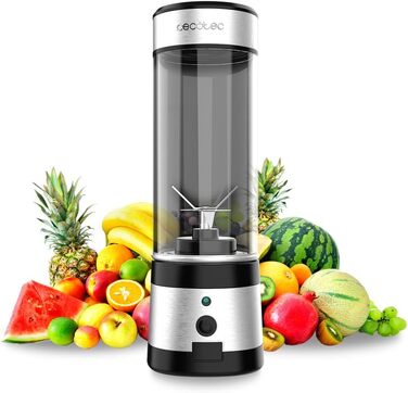 Cecotec Portable Single Blender Power Titanium 300 EasyGo - 350W Ice Crusher with Titanium-Coated Blades, 2 Cooling Tubes, 2 Travel Cups & Lids