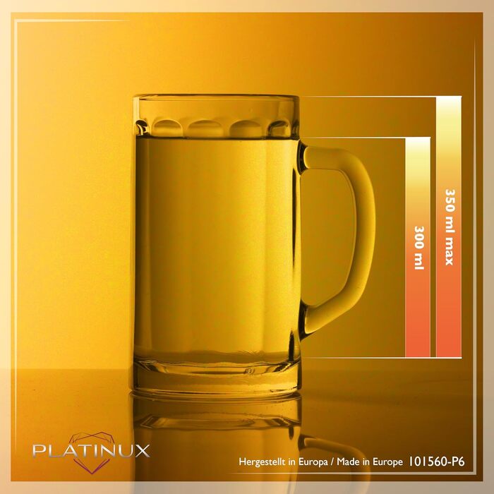 Набір пивних склянок PLATINUX Bierseidel 6 шт, 300 мл (макс. 350 мл), прозорі скляні кружки з ручкою для пива, 0.3л