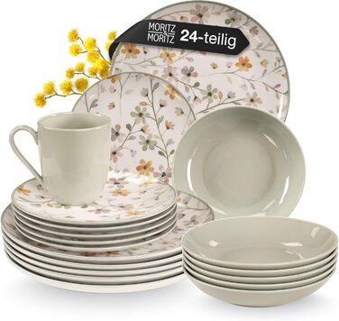 Набір посуду Moritz & Moritz PRIMAVERA з кераміки на 6 осіб (24 шт.) - сучасний сервіз з ігровим дизайном, легкий у догляді, з тарілками, мисками та чашками