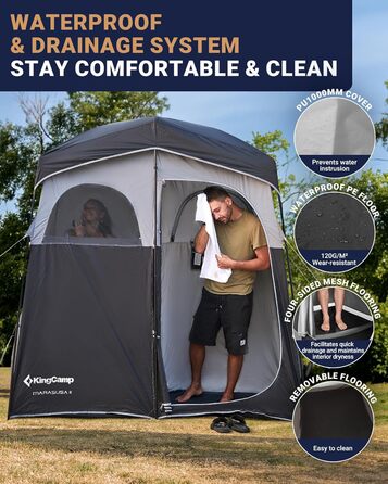Намет для душу KingCamp великого розміру для кемпінгу, переодягання, приватність, чорний/сірий, 200 x 105 x 203 см