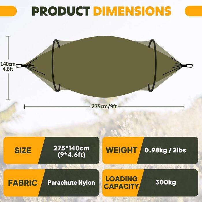 Гамак для кемпінгу NATUREFUN з москітною сіткою | Легкий, міцний (300 кг), дихаючий, швидковисихаючий, армійний зелений | 2 карабіни, 2 стропи в комплекті