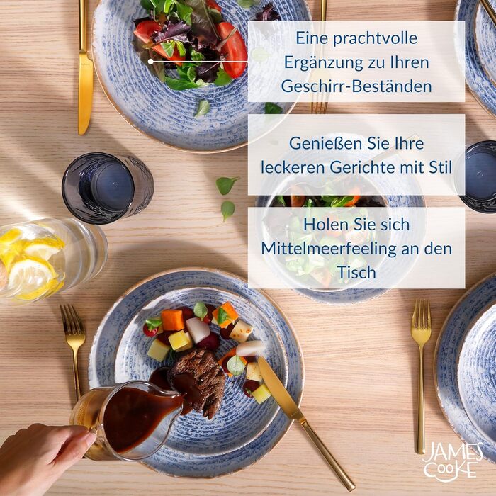 Набір посуду James Cooke Azure Vintage Steinzeug для 6 осіб (24 елементи) - біло-блакитний, з рельєфом, для миття в посудомийній машині, духовці та мікрохвильовій печі