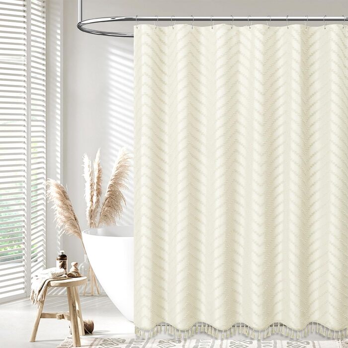 Штора для душу BTTN 180x180 см, бежева бохо, з китицями, водонепроникна, з гачками (1 шт)