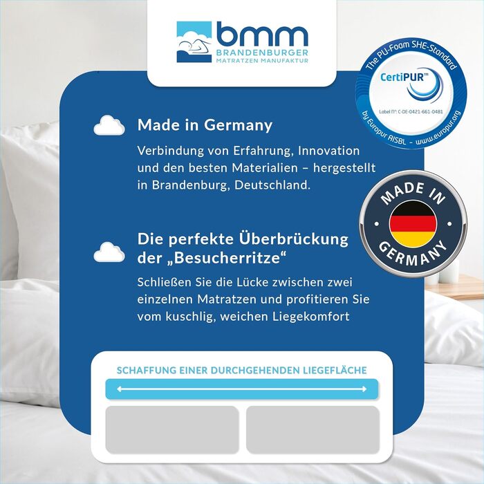 BMM Topper 140x200 cm Classic Premium Firmness H2 soft/Visco-elastic foam topper/Öko-Tex certified/ergonomic mattress topper/height 6 cm/topper produced in Germany