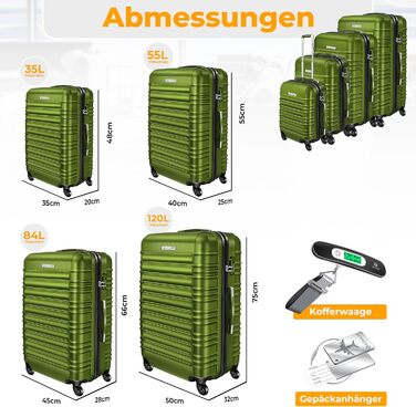 Набір валіз KESSER® з жорстким корпусом (S, M, L, XL) з вагами та білгетом, 4 колеса, ABS, телескопічна ручка, колір хакі