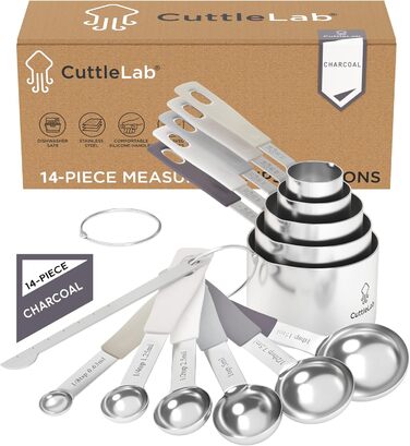 Набір мірних чаш і ложок CuttleLab, 14 шт, нержавіюча сталь, антрацит — мірні чашки і ложки з левелером, для сухих та рідких інгредієнтів, включає 1/8 чайної ложки та 1/8 чашки