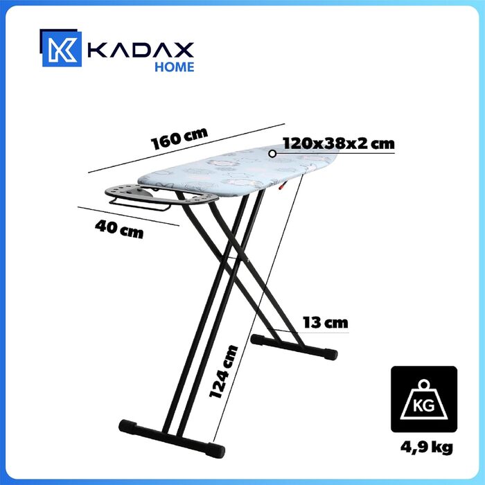 KADAX Ironing Board, 120x38 cm Folding Ironing Table, Height-Adjustable Steaming Ironing Table, Ironing Board with Non-Slip Feet, Table with 8mm Foam Padding (Dark Blue)