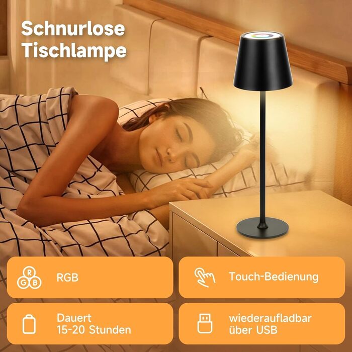 Бездротові LED-лампи настільні, перезаряджаються, 2 шт., 3000K, RGB, USB-C, 5500mAh, вологостійкі, чорні