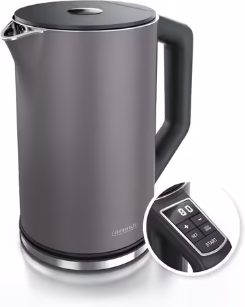Arendo - Stainless Steel Kettle with Temperature Setting 40-100 Degrees in 5 Degree Increments - Double-Walled Design - Model ELEGANT - 1.5 Liter - 2200 W - Tea Kettle with Temperature Display - GS - Black (D: Volcanic Grey)