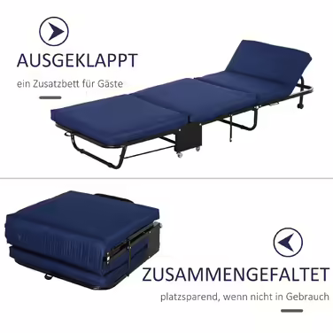HOMCOM Folding Guest Bed 2-in-1 with Adjustable Headrest and Wheels, Steel Frame, Foam, Blue 184x65x26cm for Flexible Sleeping