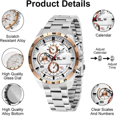 Годинник чоловічий OFF-CUP: аналоговий кварцовий хронограф з водонепроникним браслетом з нержавіючої сталі, з датою. Модний годинник для повсякденного та ділового стилю, класичний елегантний подарунок (рожево-золотий/білий)