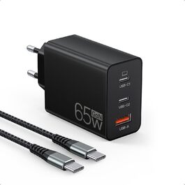 Зарядний пристрій USB-C 65W з 3 портами, чорний. Швидка зарядка для MacBook, iPhone, Switch, Galaxy, Tablet, Laptop