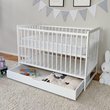 Kids Collective Baby Bed with Drawer, Toddler Bed, Crib, 60x120 cm, Adjustable Height & Removable Slats, Optional with Mattress | White, Very Stable, Made in Europe, 124L x 65W x 87H cm, White with Drawer