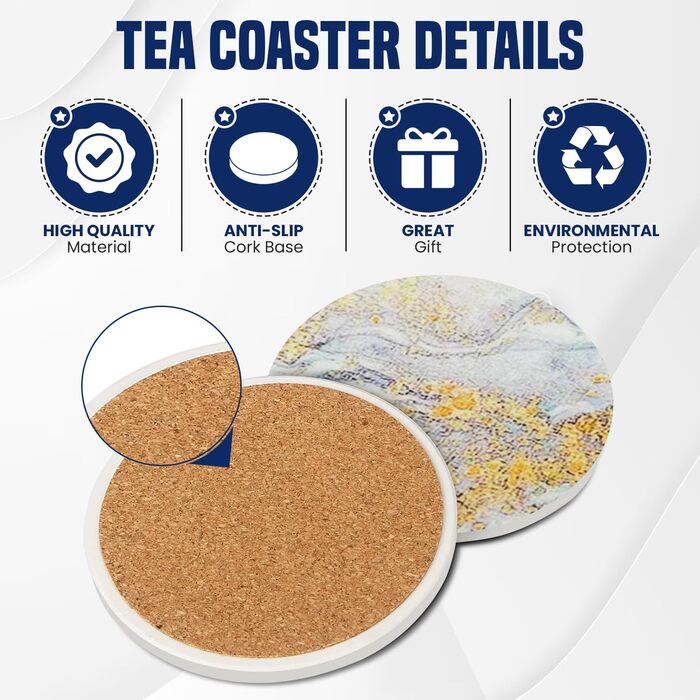 Guruji Divinity Absorbent Ceramic Stone Coasters, Set of 6, with Cork Bottom, Fun Drink Coasters with Holder for Cold Drinks, Wine Glasses and Cups, Table Protection, 10.2 cm (purple) (Glossy - White)