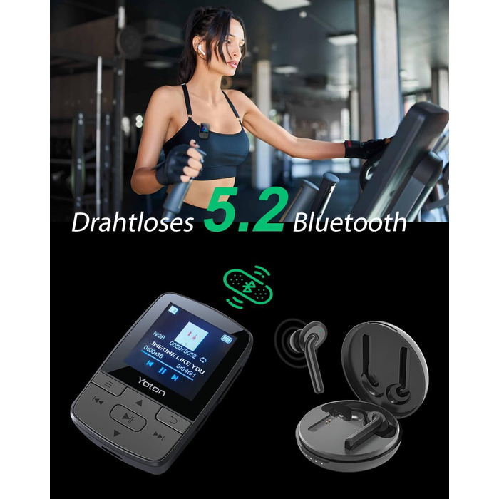 MP3-плеєр YOTON з Bluetooth 5.2, Hi-Fi звук, FM-радіо, диктофон, регулятор гучності, навушники, підтримка SD до 128 ГБ (Чорний)