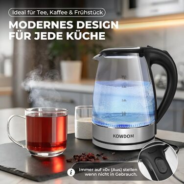 Електричний чайник Kowdom 1.8L з боросилікатного скла, BPA-free, 2200W, швидкий нагрів, автовимкнення та захист від сухого кипіння, чорний