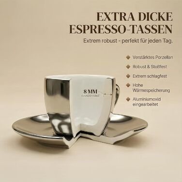 Набір з 6 еспресо-чашок з срібно-хромовим покриттям, італійський стиль, товсті стінки, важкі, 60 мл - подарунковий набір